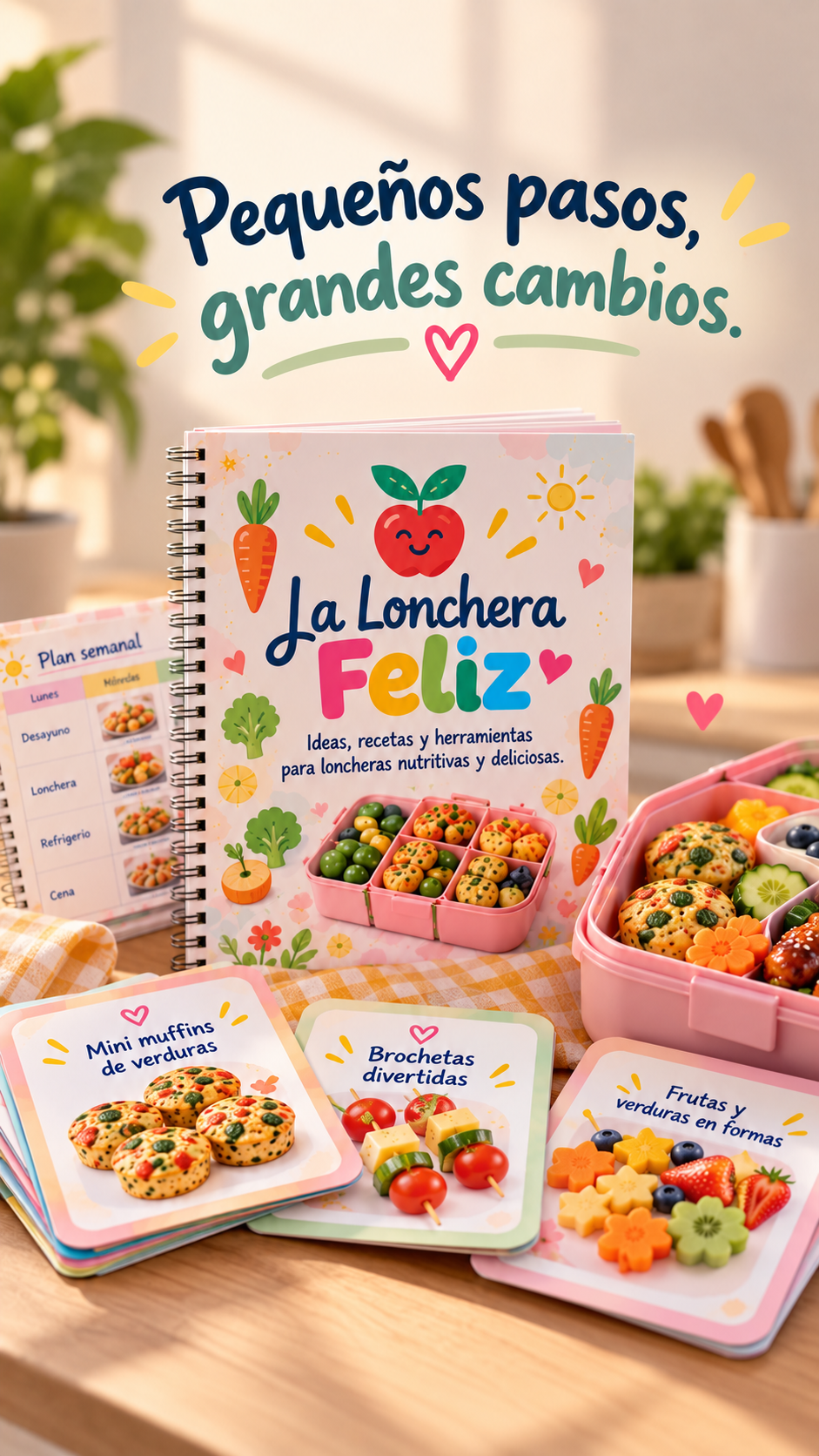 Producto real de La Lonchera Feliz: guía con espiral, plan semanal y tarjetas de recetas sobre una mesa de cocina