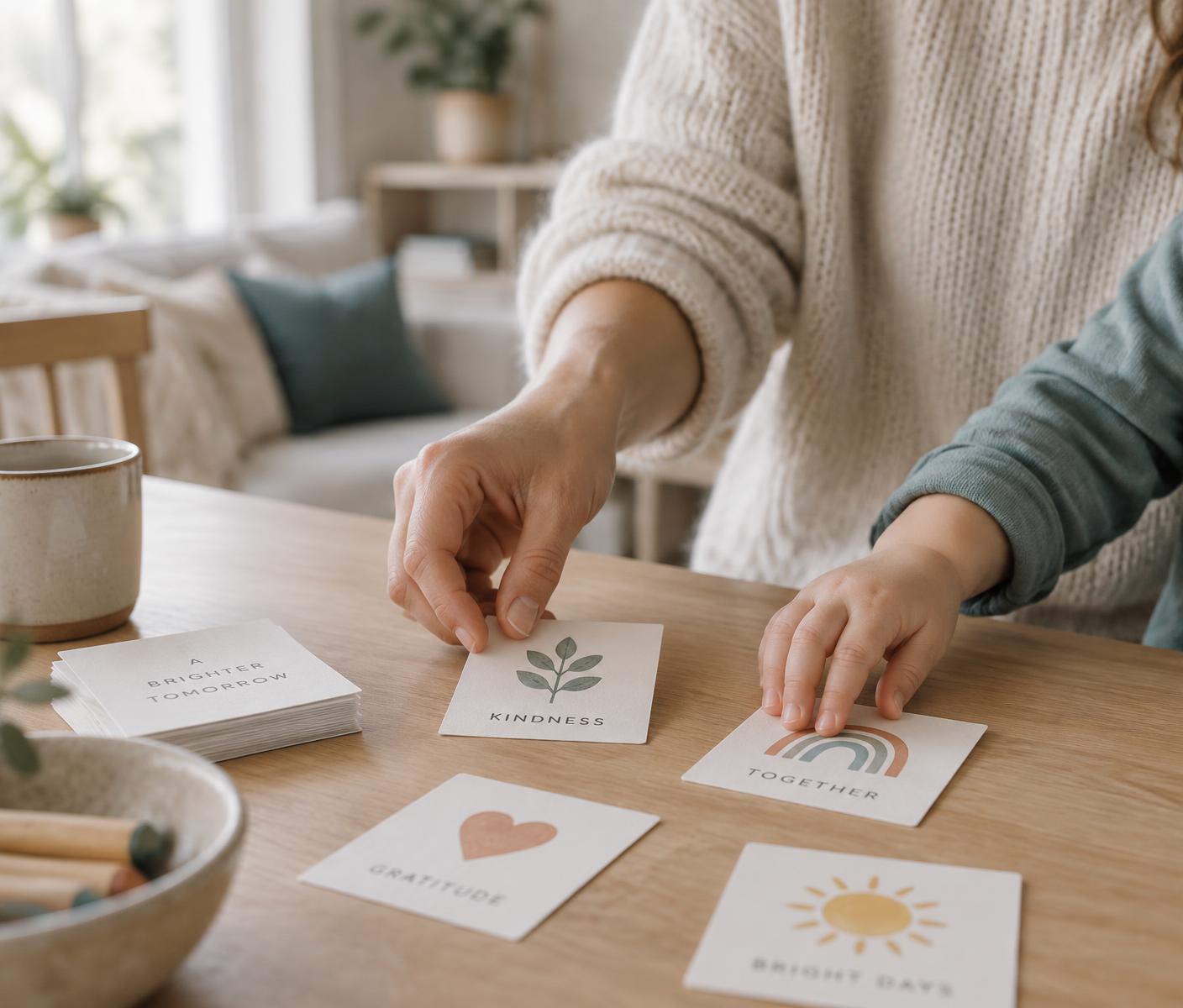 Las manos de una madre y las de un niño colocando juntas tarjetas de papel sobre una mesa de madera